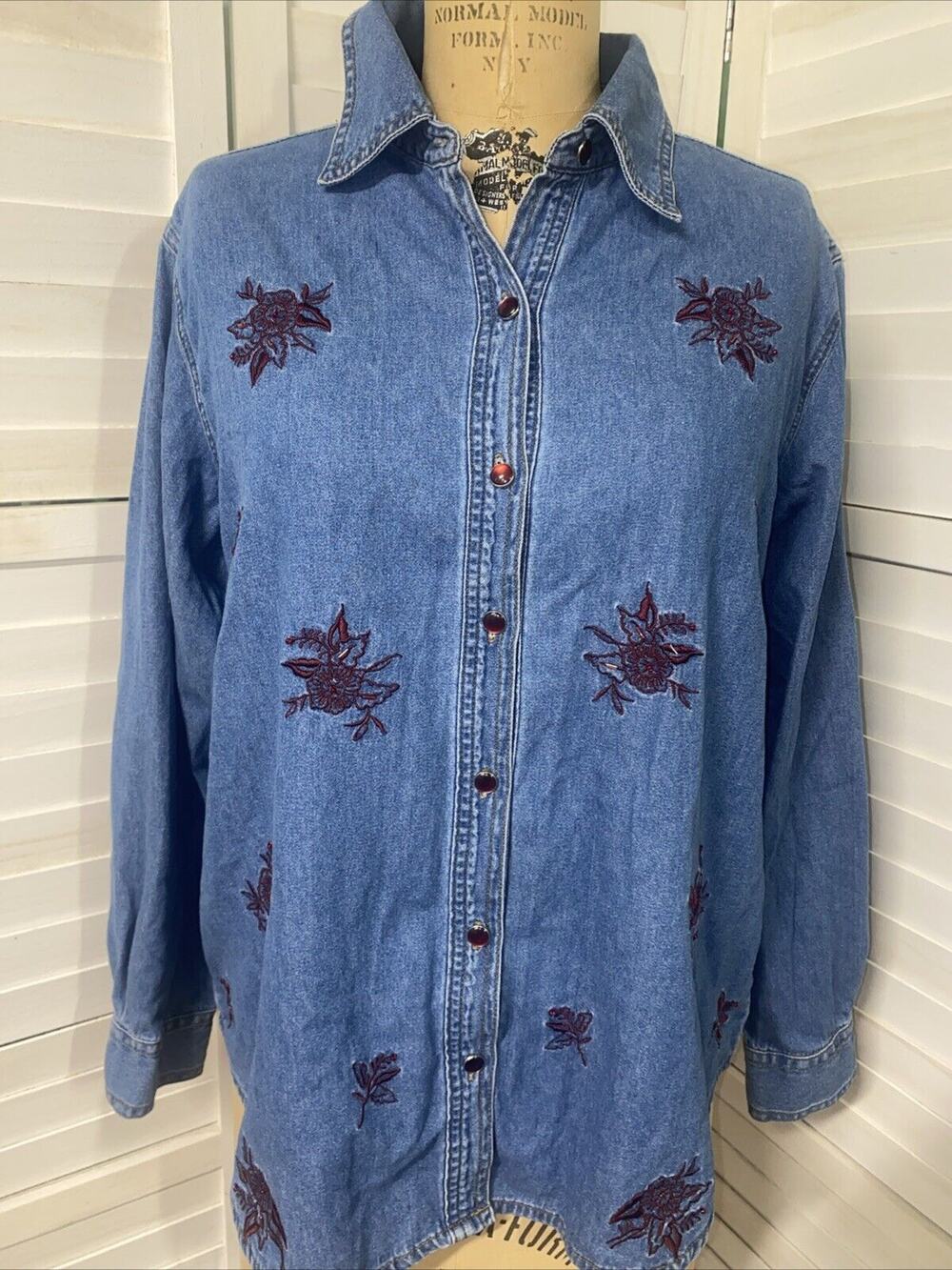 VTG 80s Mesa HSN Blue Denim Jean L/S Cotton Button Up Shirt Embroidered Large